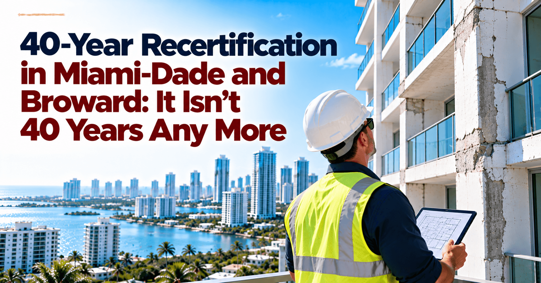 40-year building recertification in Miami-Dade and Broward with an engineer inspecting a damaged high-rise facade.