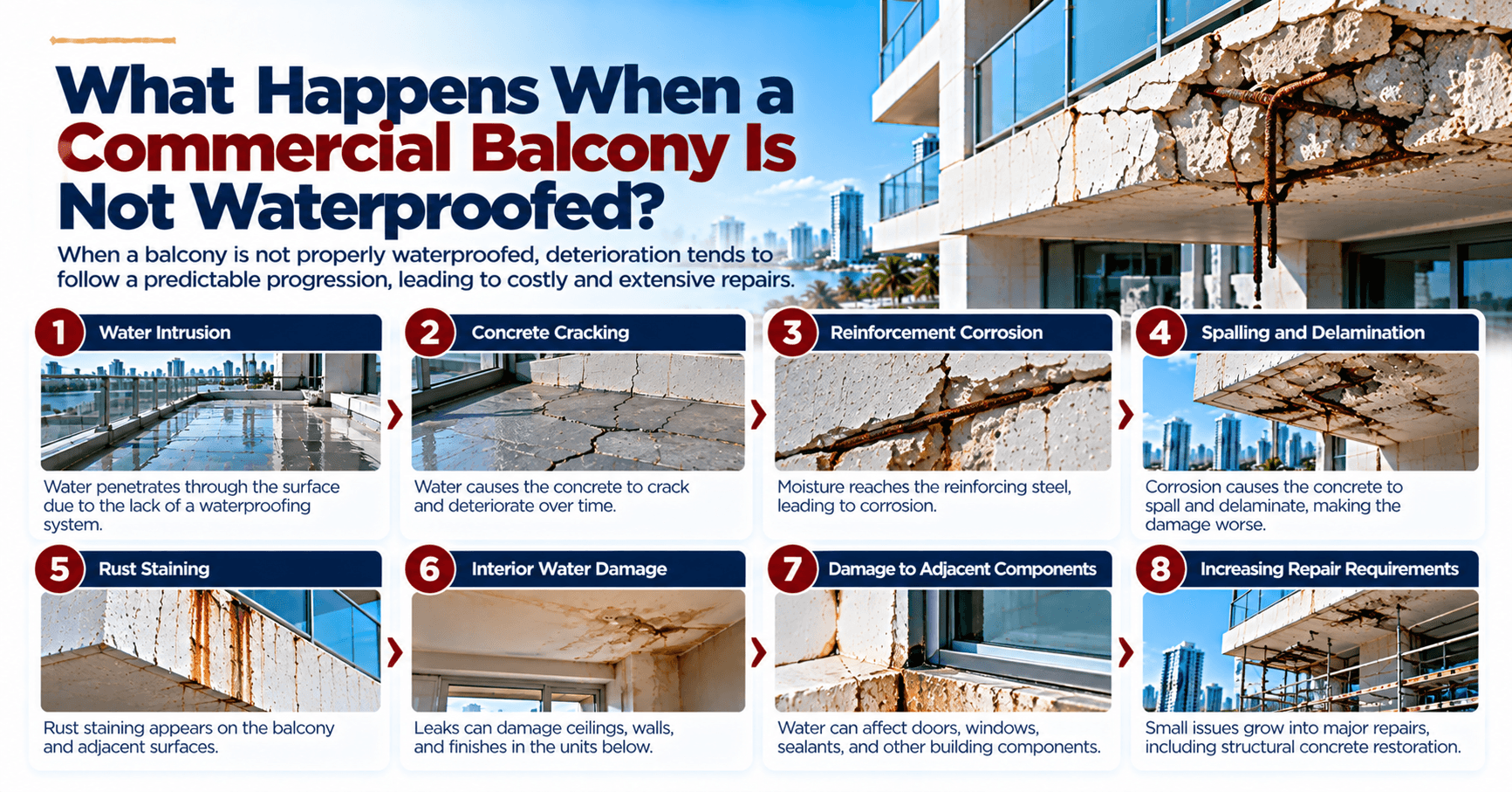 Stages of commercial balcony water damage, from water intrusion and concrete cracking to reinforcing steel corrosion and concrete spalling.