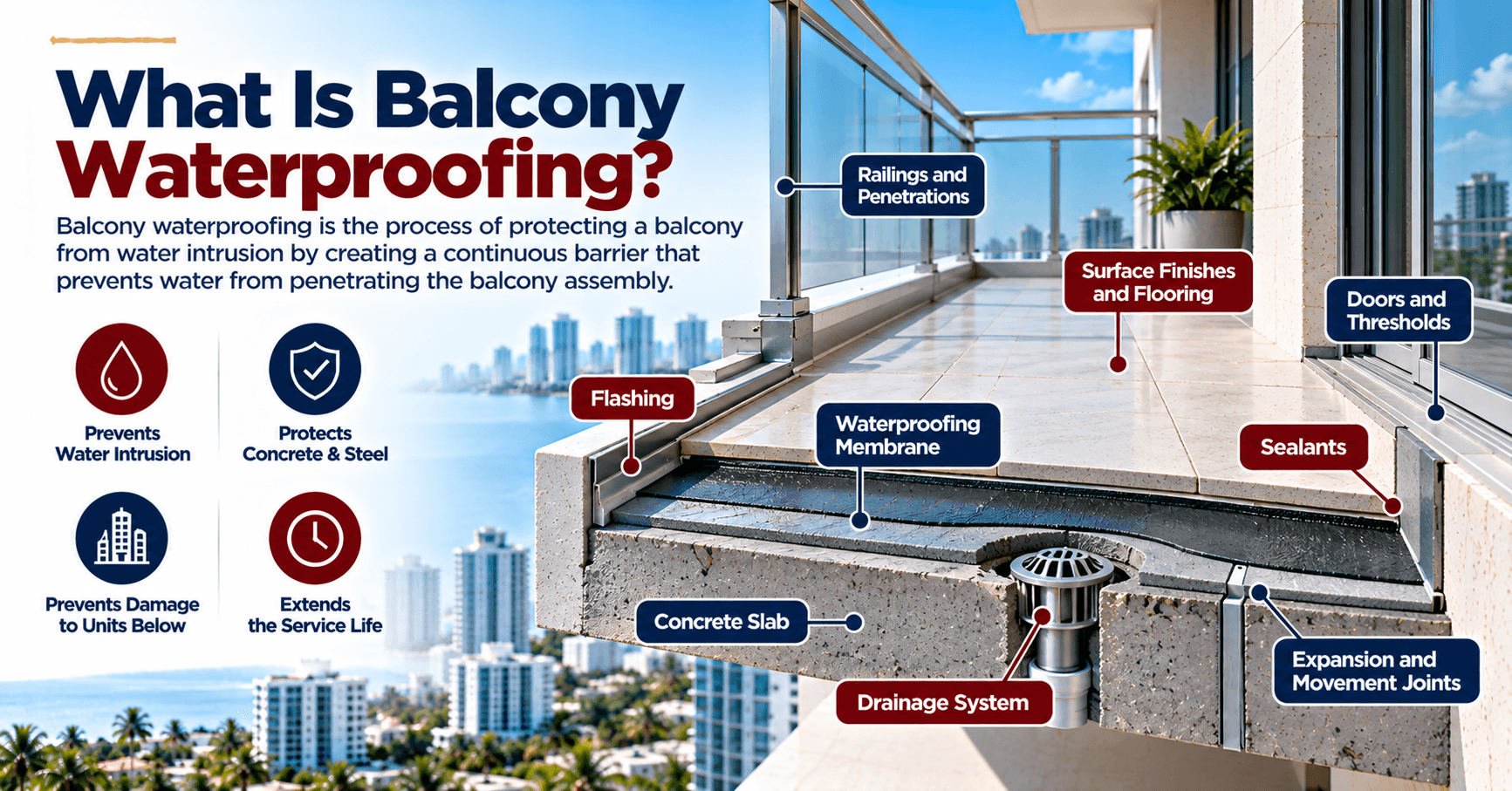 Balcony waterproofing system showing membranes, flashing, sealants, drainage, and concrete slab protection.