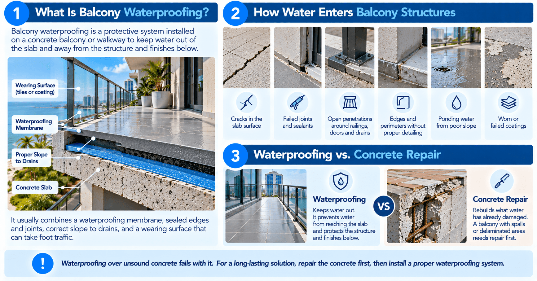 Balcony waterproofing diagram illustrating the protective membrane, wearing surface, concrete slab, drainage slope, and common water entry points.