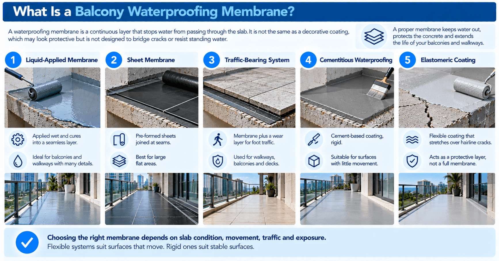 Comparison of balcony waterproofing membrane types including liquid-applied, sheet, traffic-bearing, cementitious, and elastomeric systems.