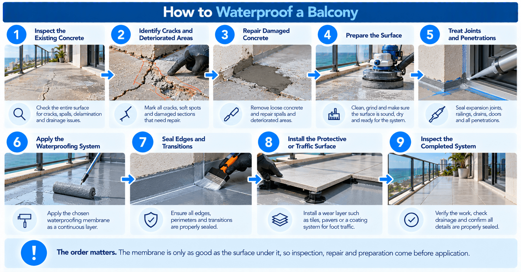 Nine-step balcony waterproofing process covering concrete inspection, crack repair, surface preparation, membrane application, edge sealing, and final inspection.