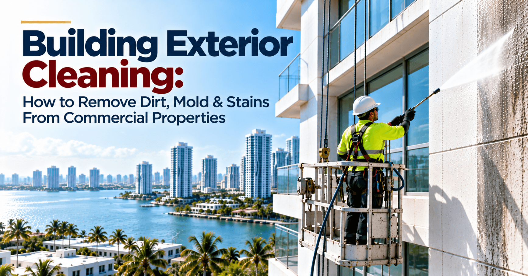 Professional commercial building exterior cleaning using pressure washing to remove dirt, mold, and stains from a high-rise building façade in Florida.