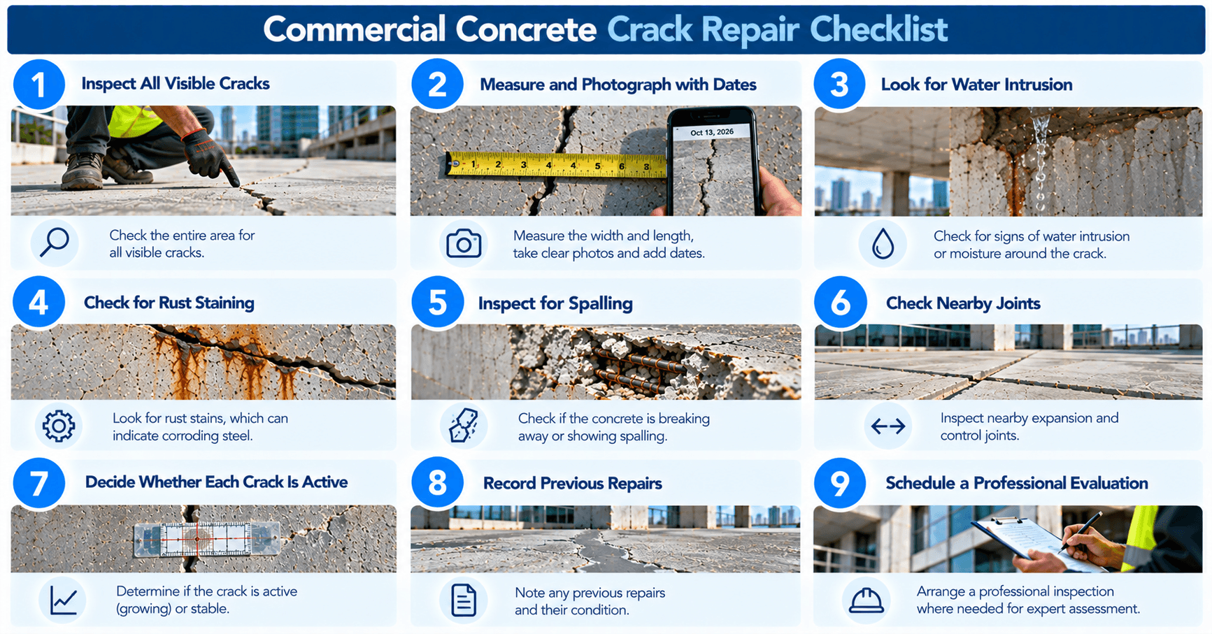 Commercial concrete crack inspection checklist covering visual inspection, measurements, dated photographs, water intrusion, rust, spalling, joints, and professional evaluation.