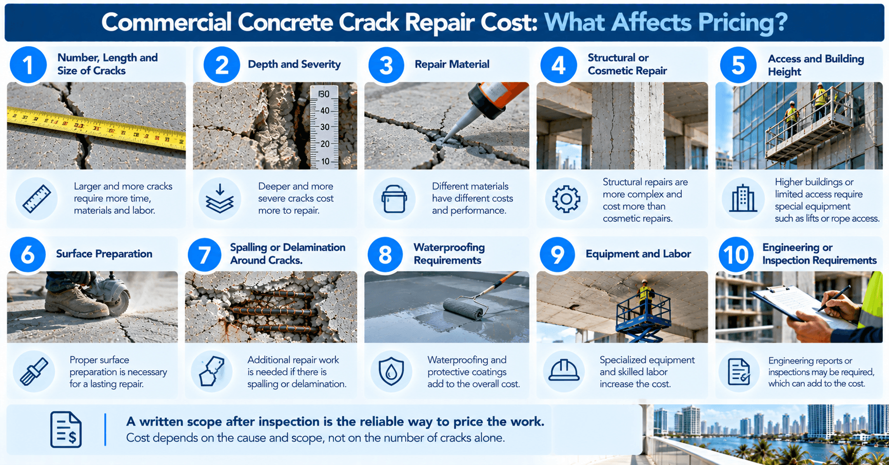 Factors affecting commercial concrete crack repair costs, including crack size, severity, materials, building access, labor, waterproofing, and engineering inspections.