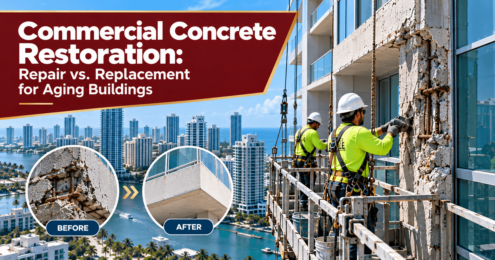 Commercial concrete restoration on an aging high-rise building showing damaged concrete and before-and-after repairs