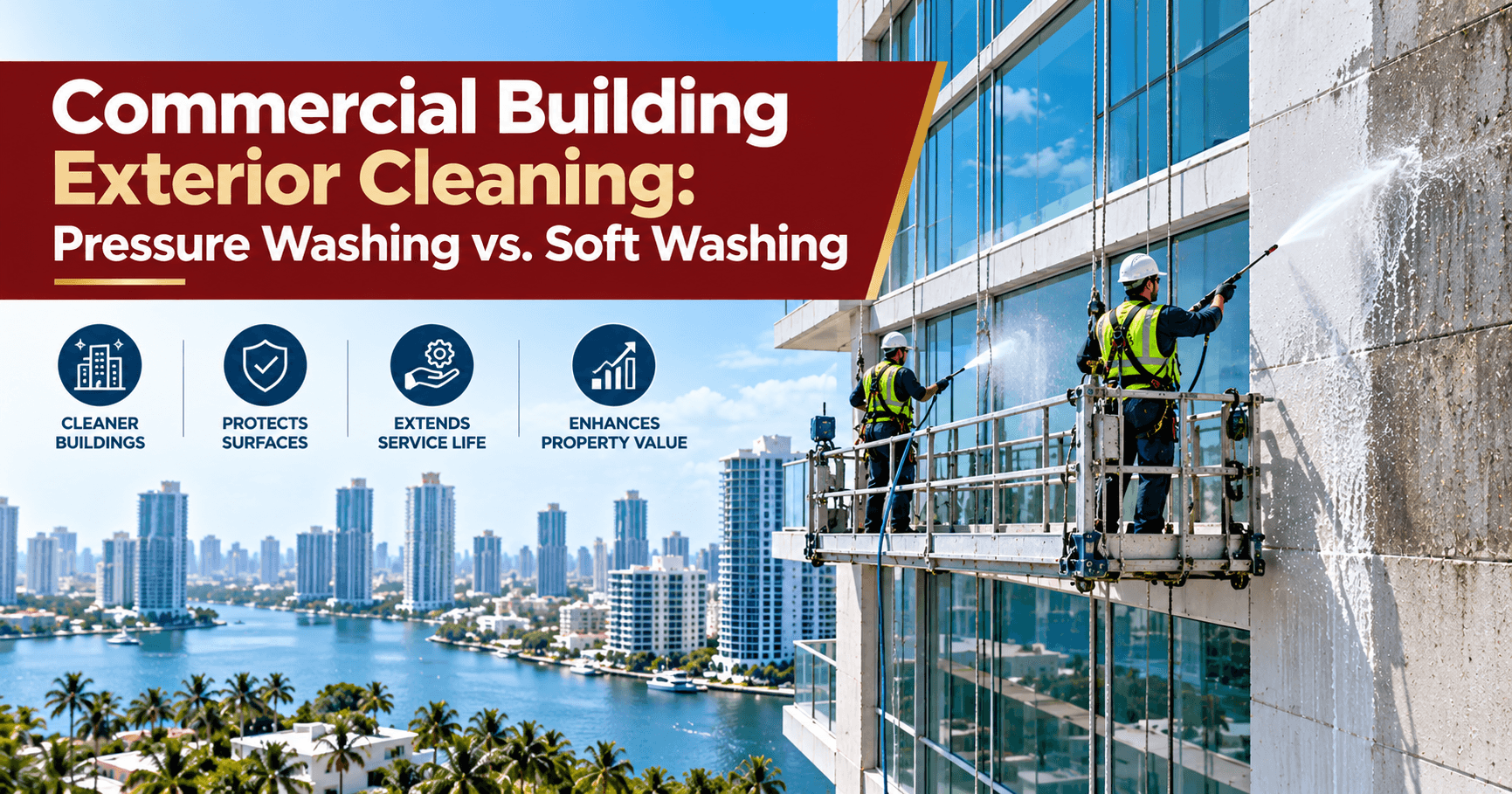 Commercial building exterior cleaning using pressure washing and soft washing on a modern high-rise facade.