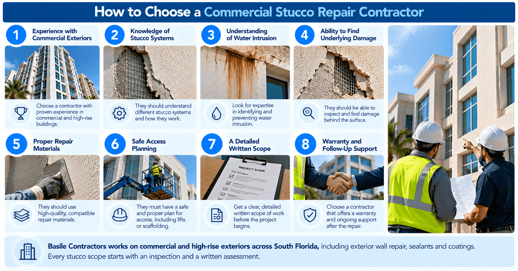 Commercial stucco repair contractors inspecting a building exterior and reviewing project plans, repair materials, and access requirements.