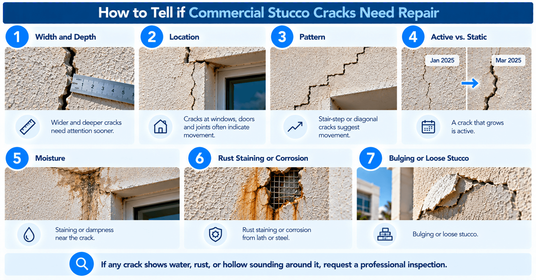 Commercial stucco crack inspection showing crack width, location, movement, moisture staining, rust corrosion, and loose stucco.