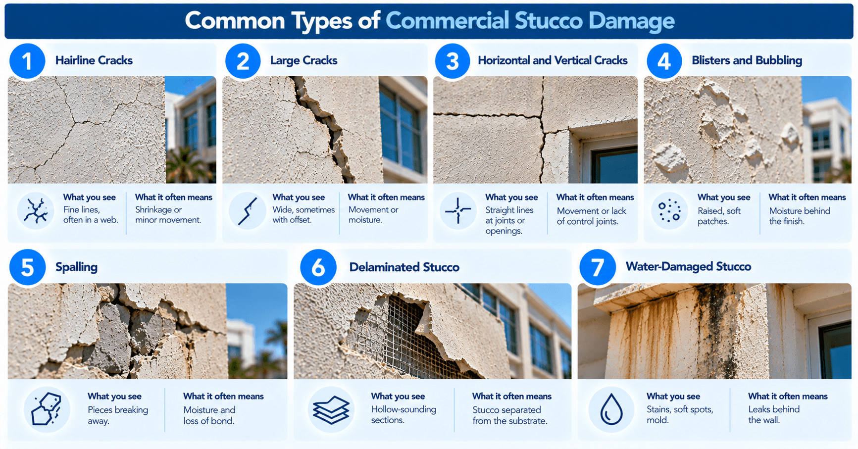 Common commercial stucco damage types including hairline cracks, large cracks, bubbling, spalling, delamination, and water stains.
