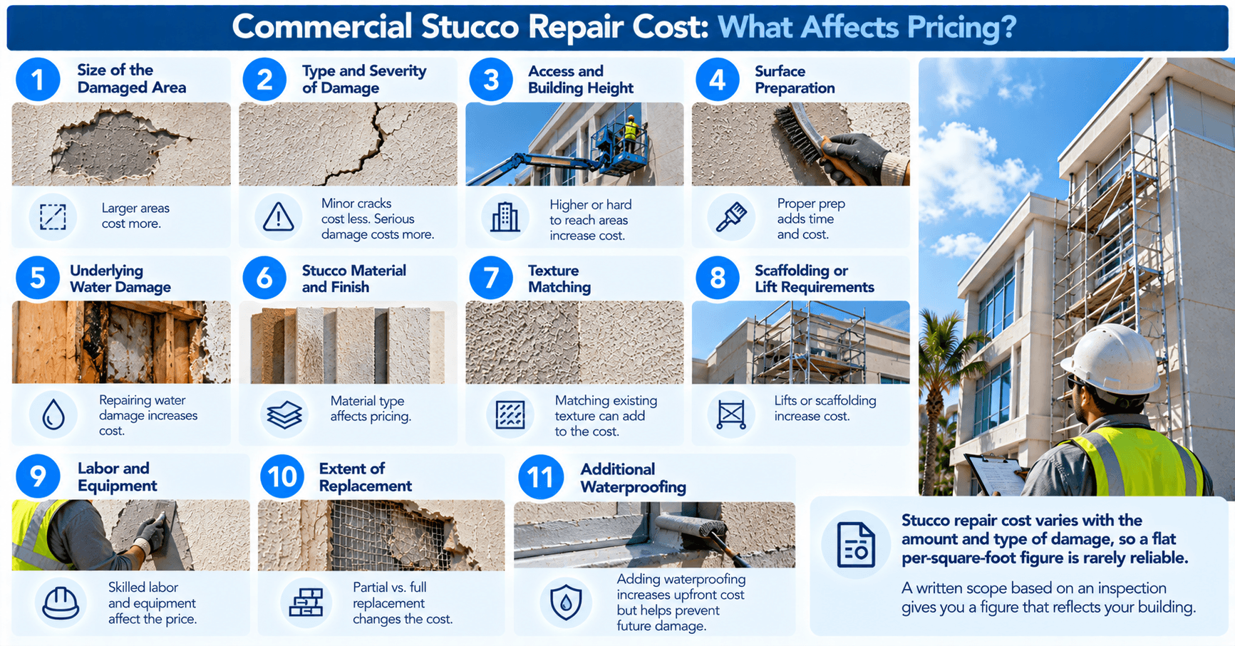 Commercial stucco repair cost factors including damage extent, building height, surface preparation, water damage, materials, texture matching, scaffolding, and labor.