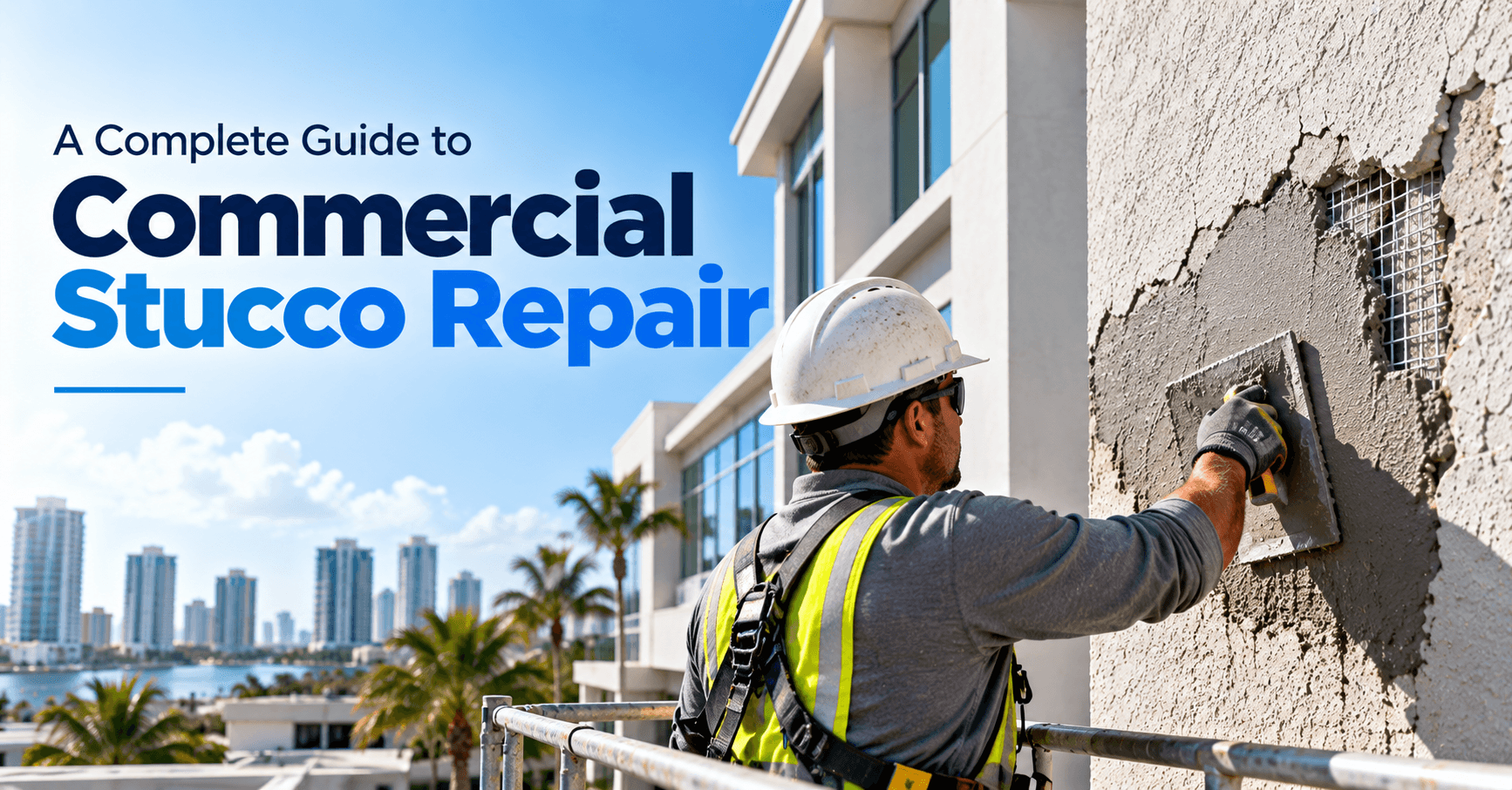 Commercial stucco repair contractor applying new stucco to a damaged exterior wall on a commercial building.