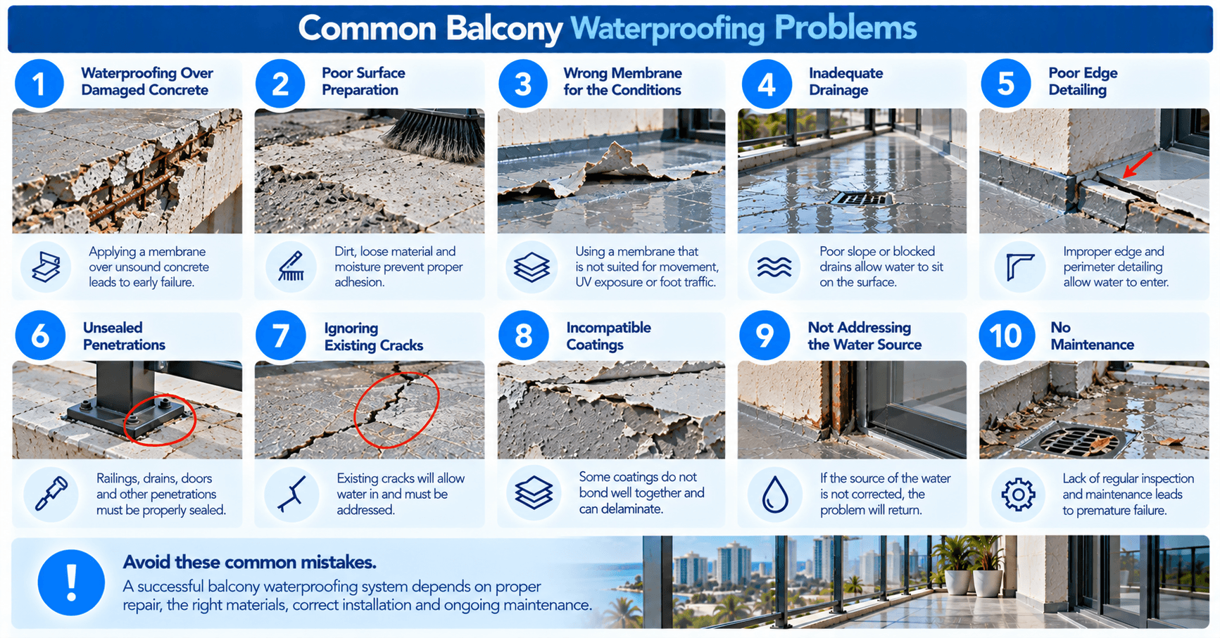 Common balcony waterproofing failures including damaged concrete, poor surface preparation, inadequate drainage, cracked coatings, and unsealed joints.