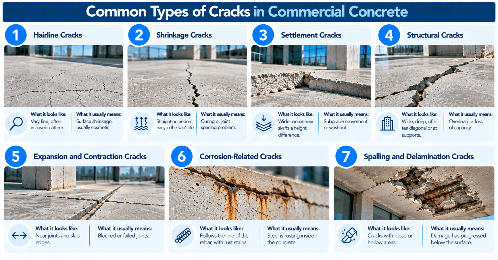 Common types of cracks in commercial concrete, including hairline, shrinkage, settlement, structural, corrosion-related, and spalling cracks.
