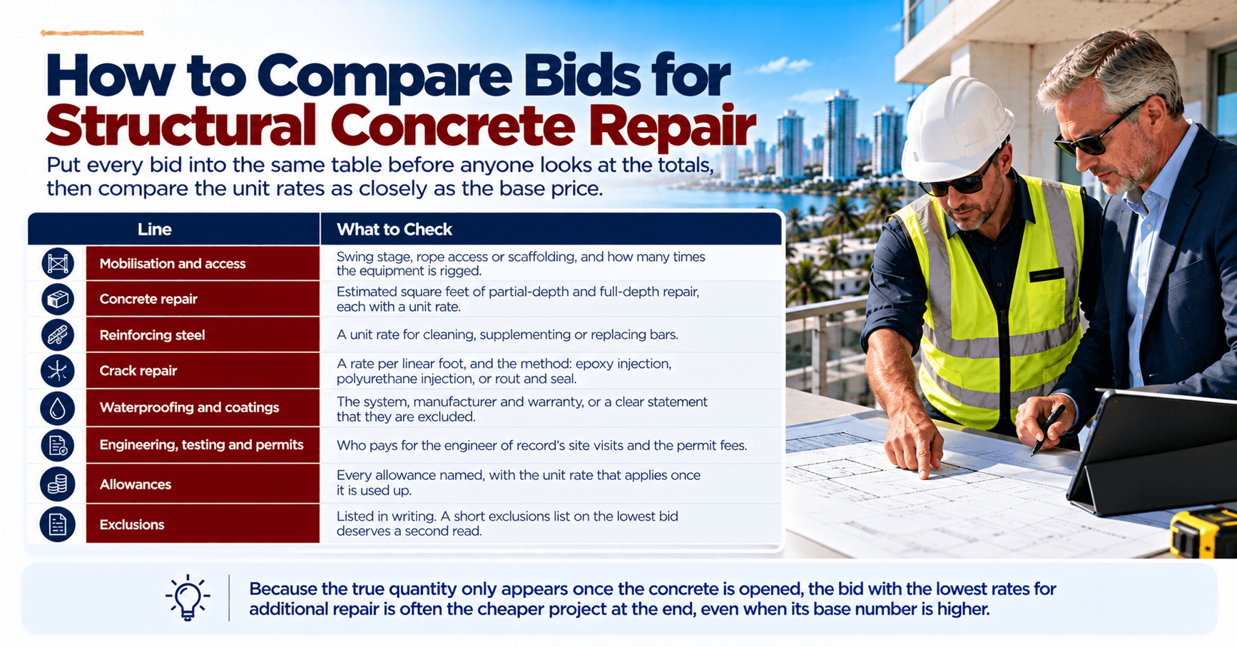 Condo board representative and restoration contractor reviewing structural concrete repair bids, access costs, reinforcing steel, waterproofing, and project exclusions.