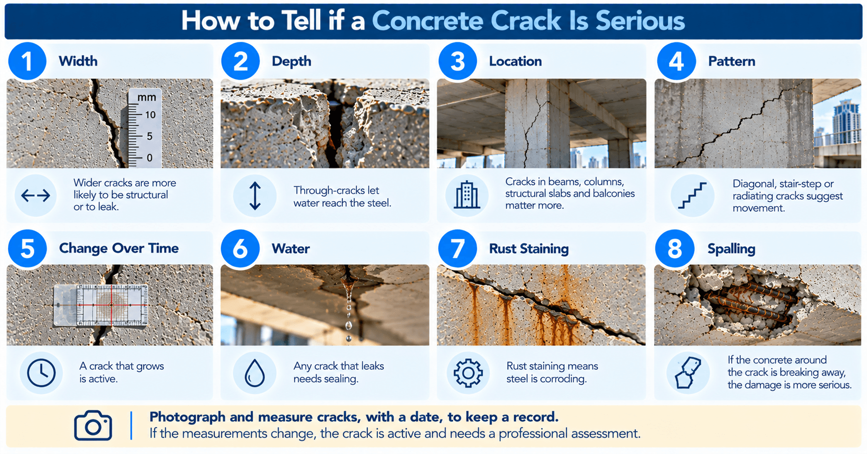 Concrete crack inspection guide showing crack width, depth, location, pattern, water leakage, rust staining, and spalling.