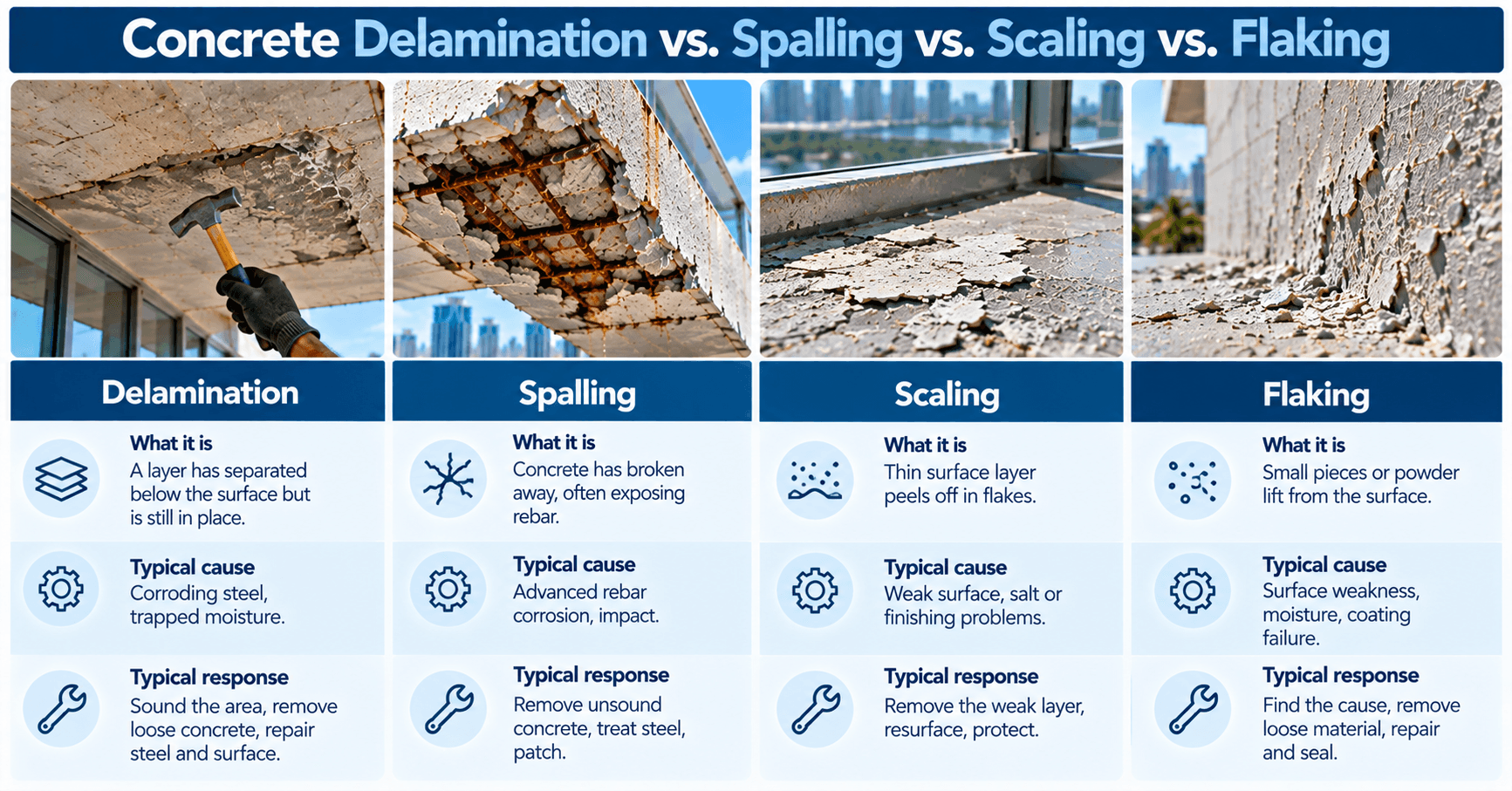 Comparison of concrete delamination, spalling, scaling, and flaking with examples of concrete surface damage and deterioration.