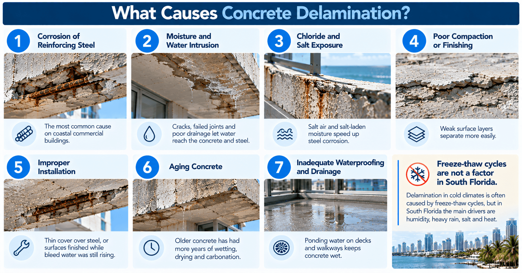 Common causes of concrete delamination, including rebar corrosion, water intrusion, chloride exposure, poor concrete finishing, and inadequate waterproofing.