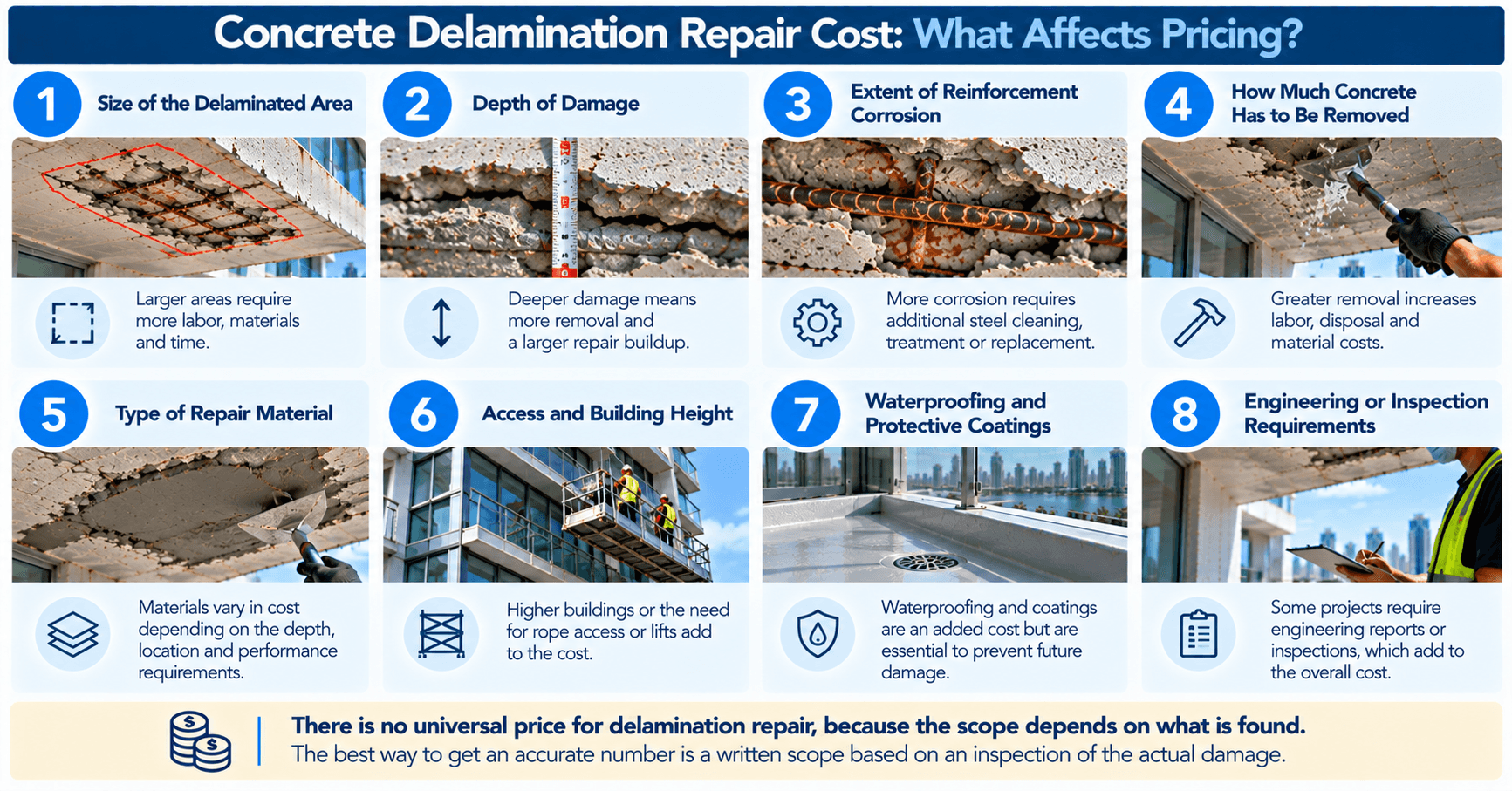 Factors affecting concrete delamination repair costs, including damaged area size, repair depth, reinforcing steel corrosion, labor, materials, and access requirements.