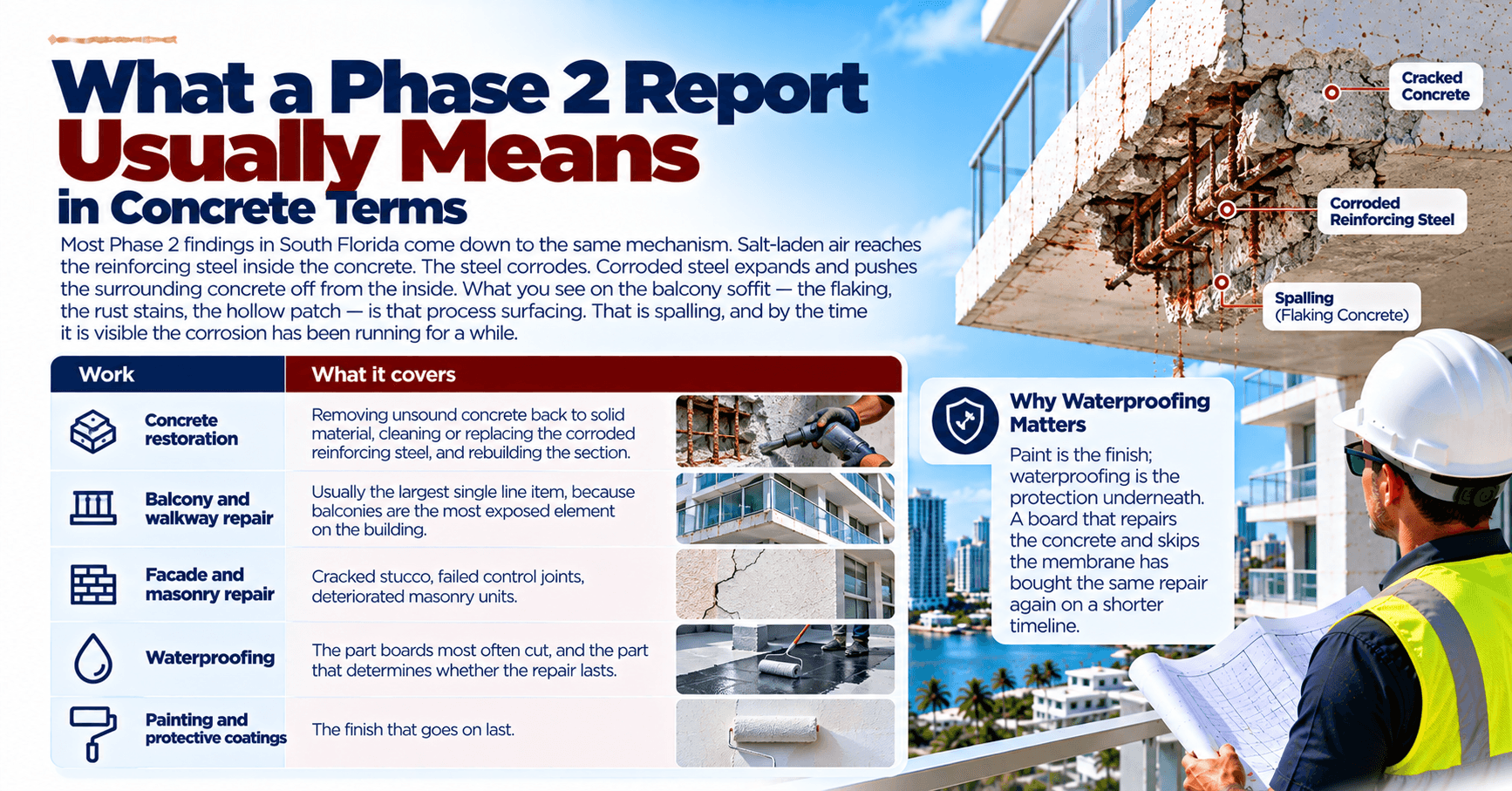 Phase 2 building inspection findings showing concrete spalling, corroded reinforcing steel, balcony deterioration, and common restoration repairs.