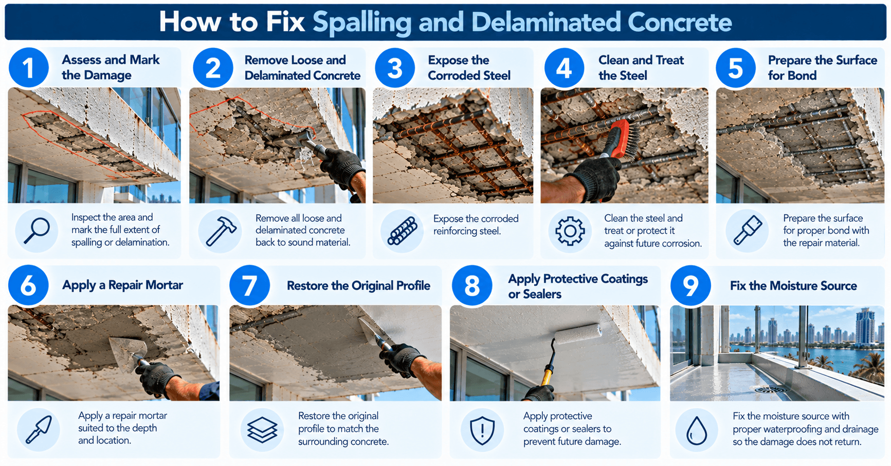 Concrete spalling repair steps including damage assessment, loose concrete removal, rebar cleaning, repair mortar application, and waterproofing.