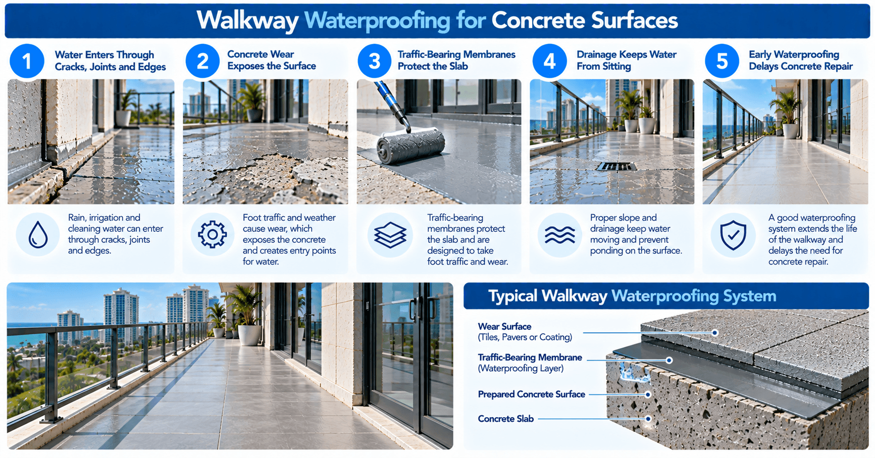 Concrete walkway waterproofing guide showing water entry points, traffic-bearing membranes, drainage, and protective surface layers.