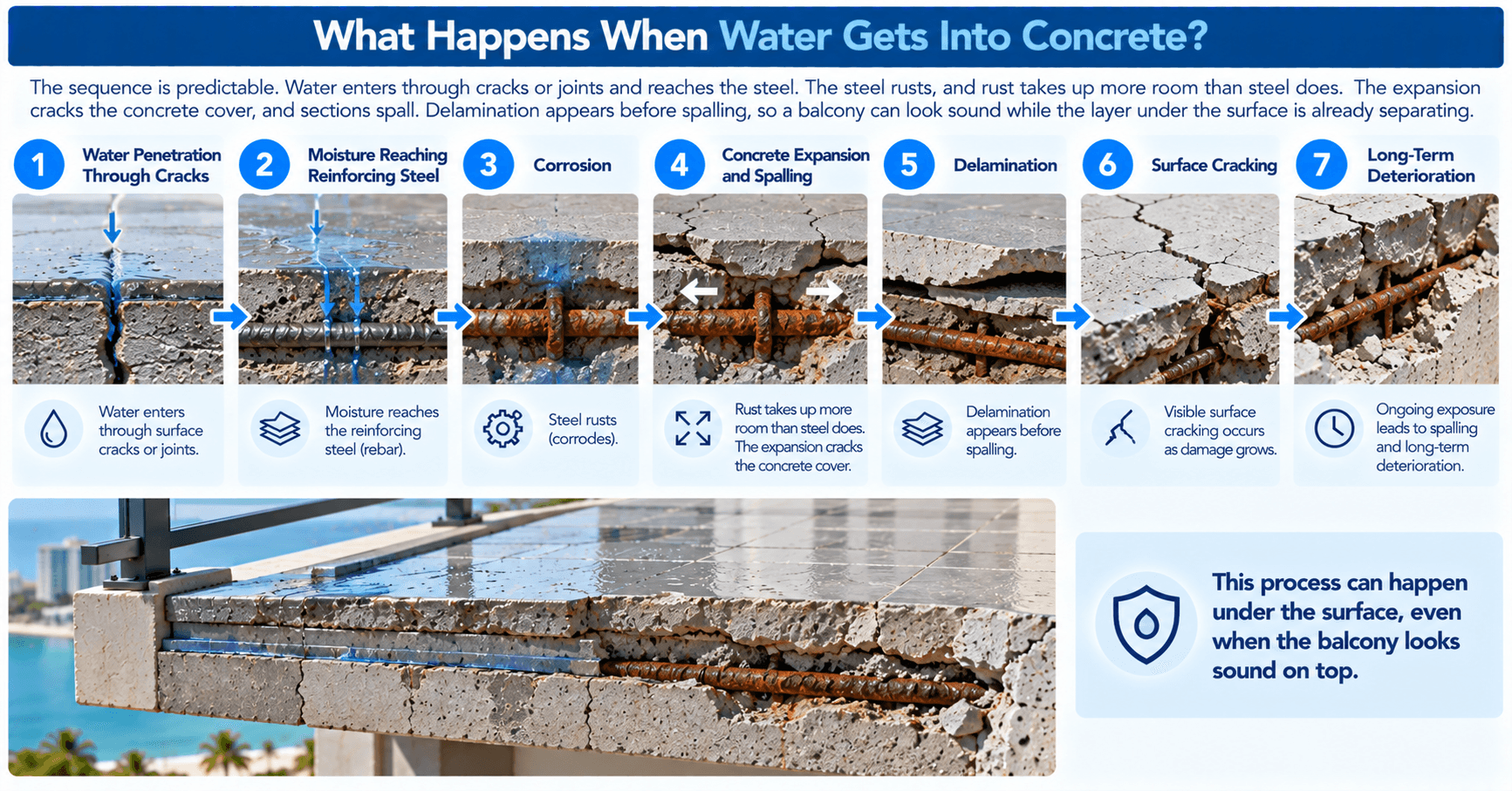 Concrete deterioration process showing water penetration, reinforcing steel corrosion, cracking, delamination, and spalling.