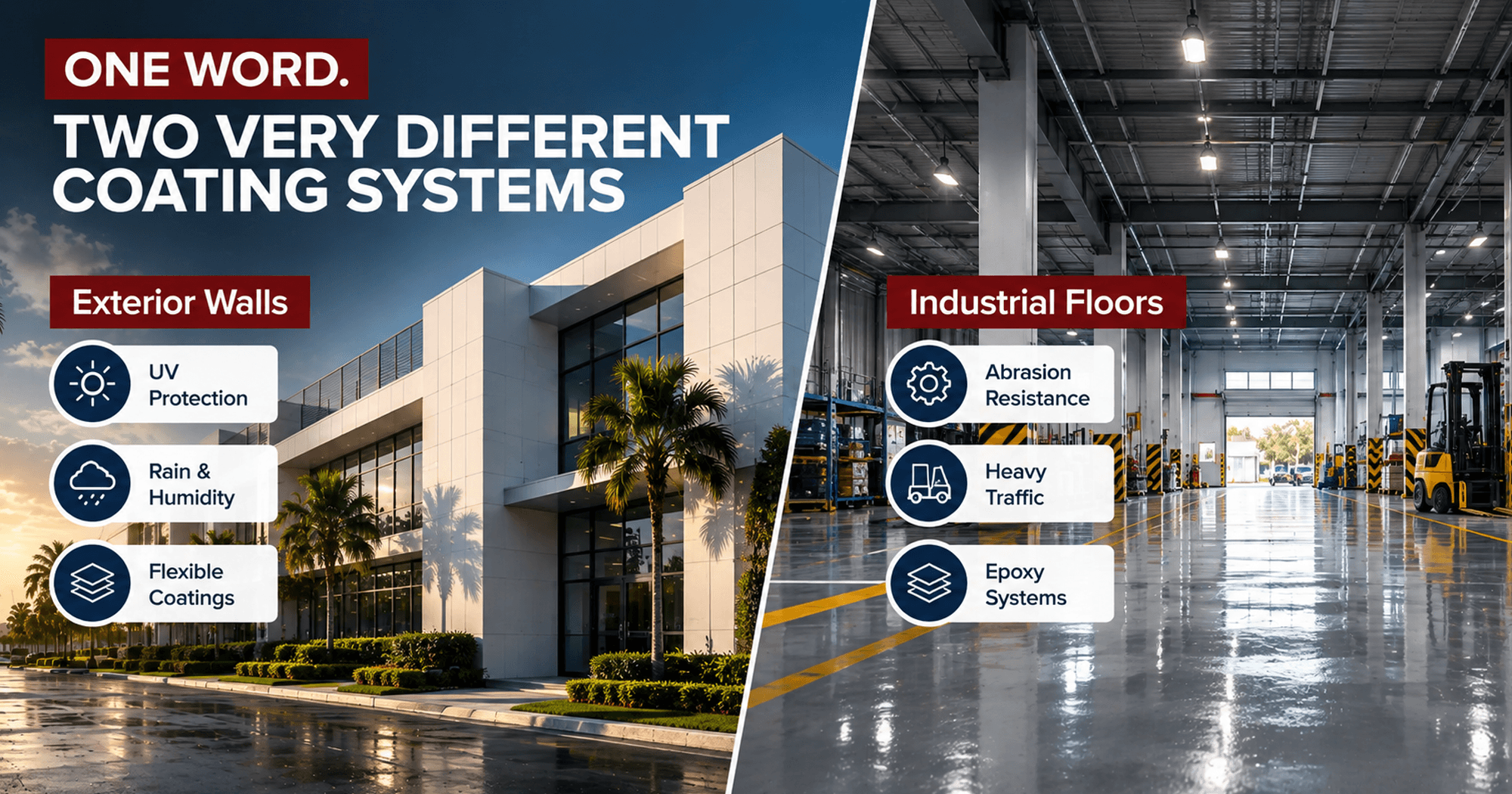 Comparison of commercial building exterior wall coatings and industrial floor coating systems for UV, weather, abrasion, and heavy traffic protection