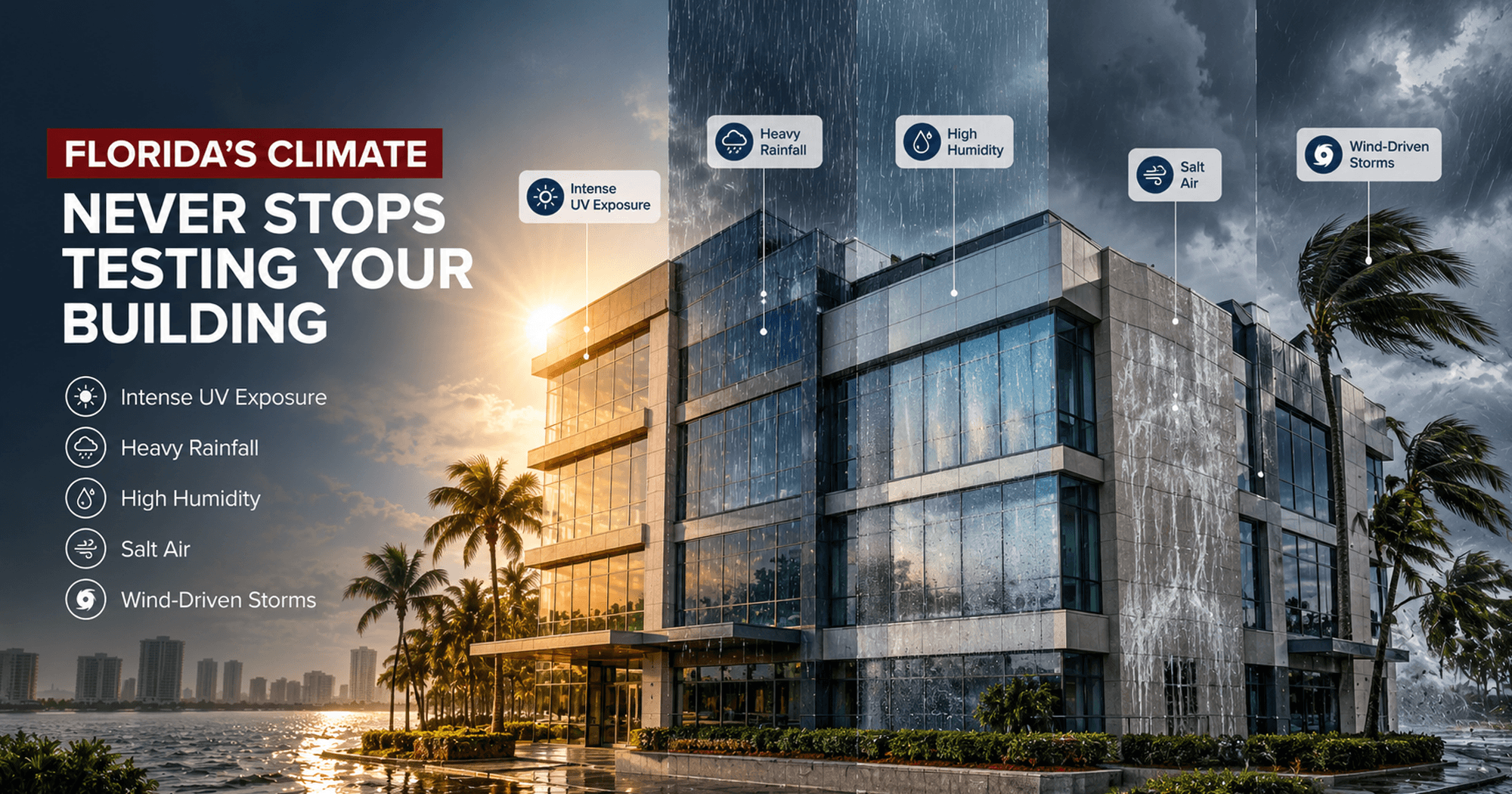 Florida commercial building exposed to intense UV rays, heavy rainfall, high humidity, salt air, and wind-driven storms