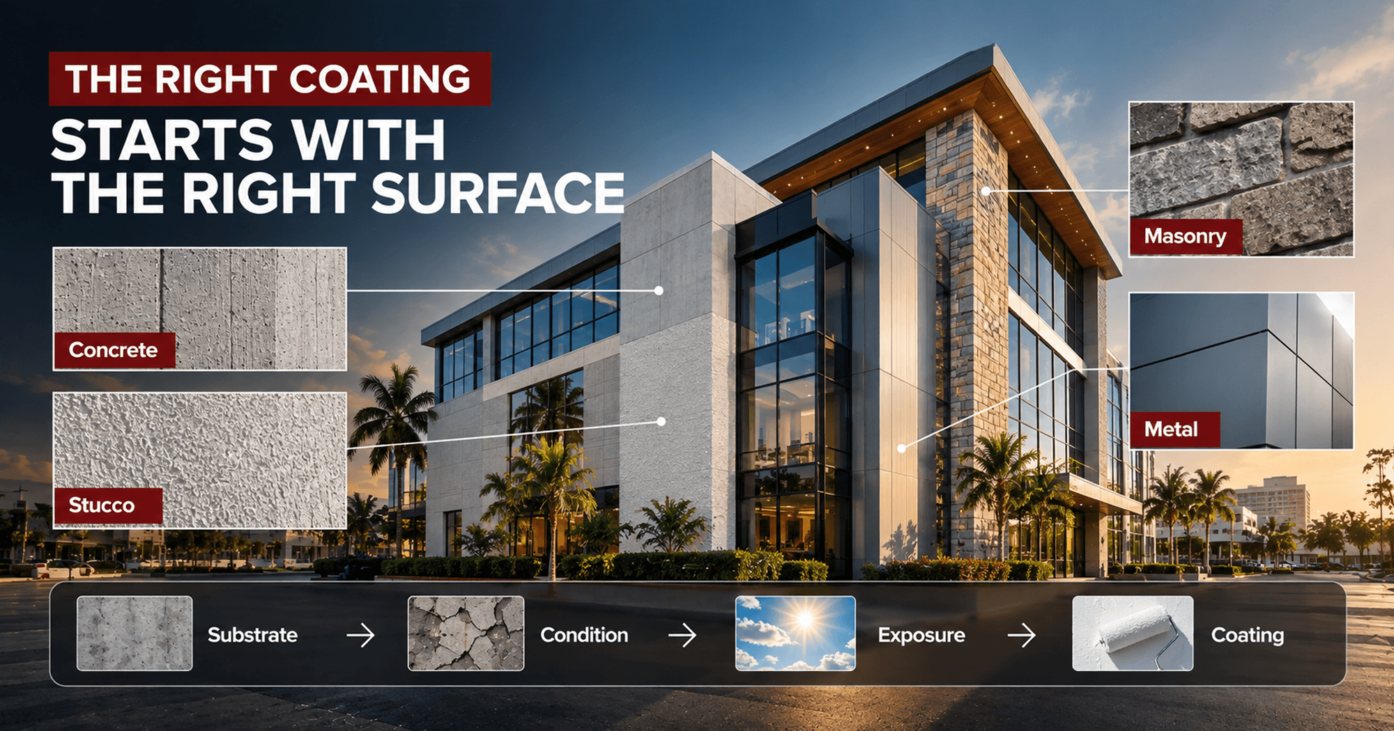 Commercial building coating guide showing concrete, stucco, masonry, and metal surfaces and the factors that influence coating selection