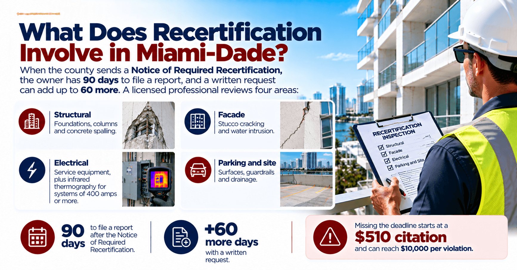 Miami-Dade building recertification inspection guide covering structural, facade, electrical, and parking and site assessments.