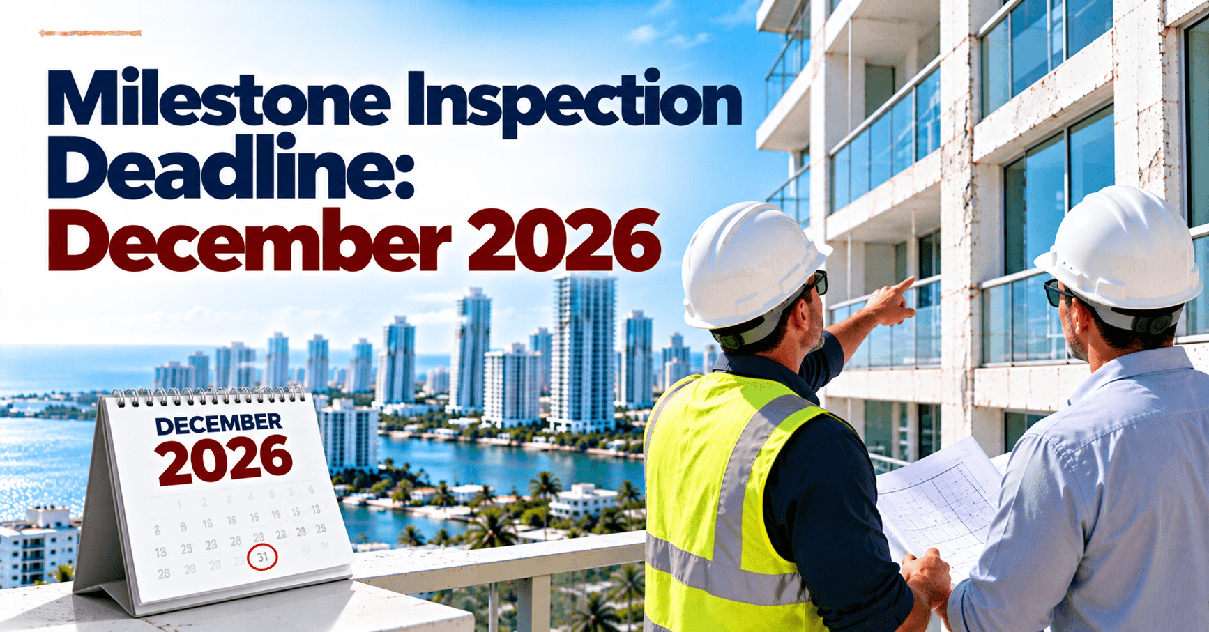 Engineers inspecting a high-rise condominium facade for Florida's December 2026 milestone inspection deadline.