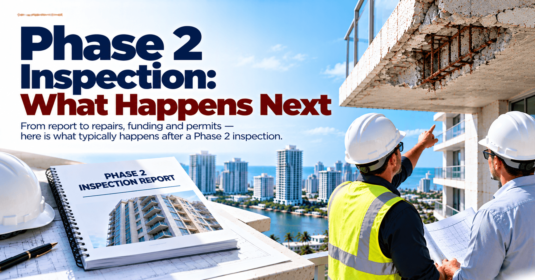 Phase 2 building inspection showing damaged concrete on a high-rise condominium and contractors reviewing the next steps.