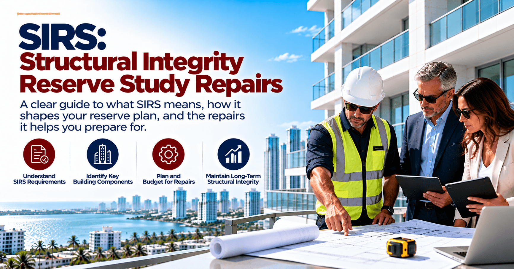 Florida condominium board and restoration contractor reviewing building plans for a Structural Integrity Reserve Study and repair planning.
