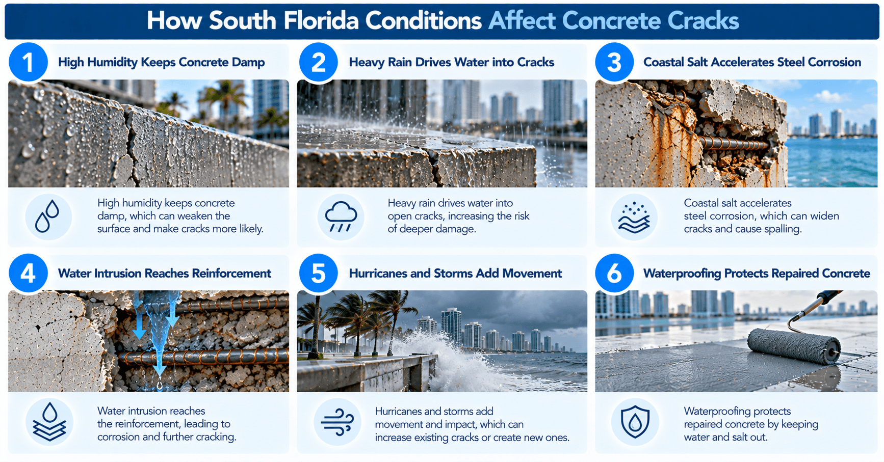 How South Florida humidity, heavy rain, coastal salt, storms, and water intrusion contribute to commercial concrete cracking and corrosion.