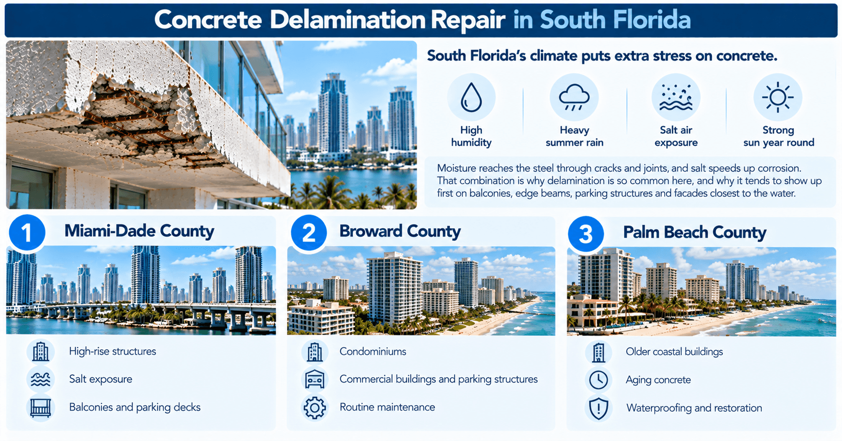 Concrete delamination repair in South Florida highlighting coastal building damage caused by humidity, heavy rain, salt air, and reinforcing steel corrosion.