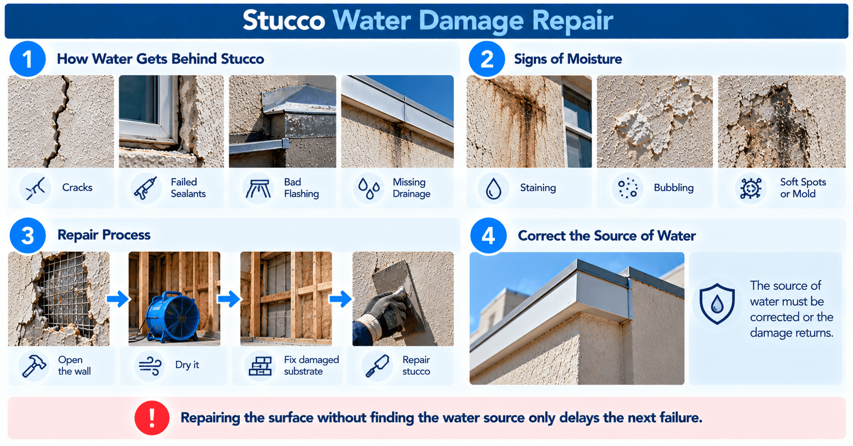 Commercial stucco water damage repair showing moisture stains, bubbling, failed sealants, damaged wall materials, and the stucco restoration process.