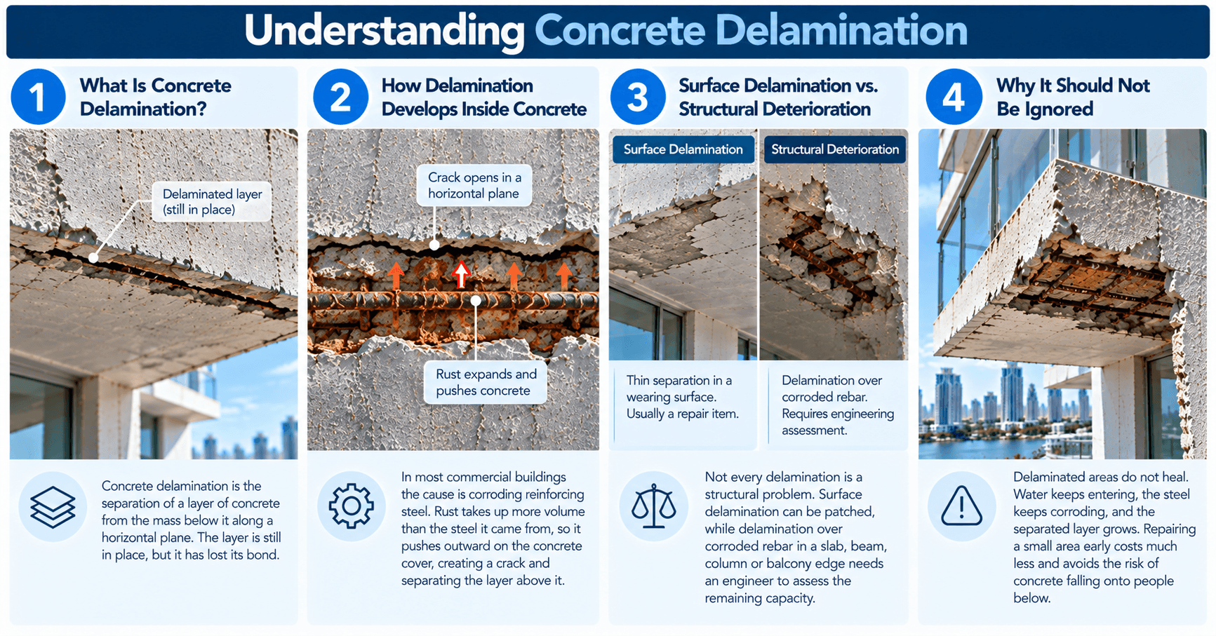 Concrete delamination showing separated concrete layers, exposed reinforcing steel, and damage beneath a commercial building balcony.