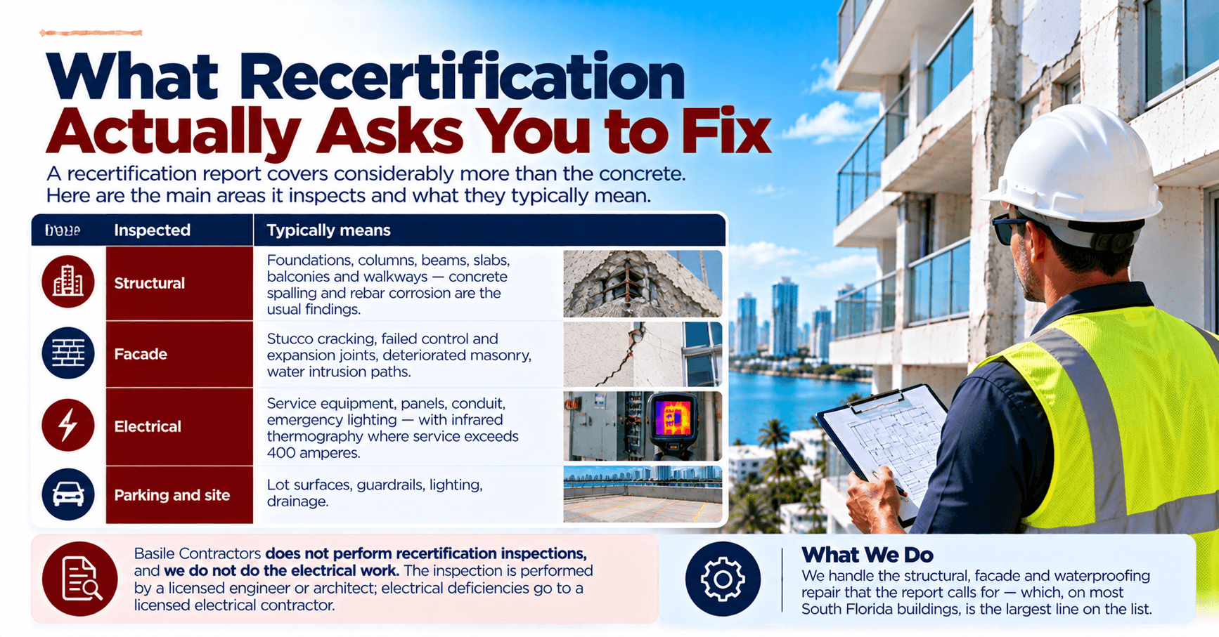 Building recertification requirements showing structural damage, facade deterioration, electrical systems, and parking and site conditions.