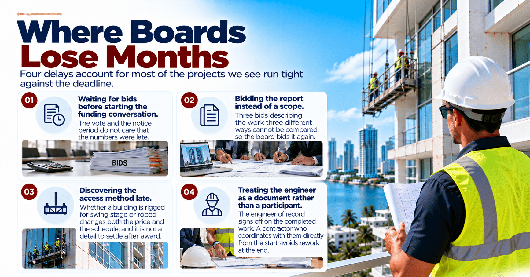 Four common delays in condominium restoration projects involving funding discussions, bidding, access planning, and engineer coordination.