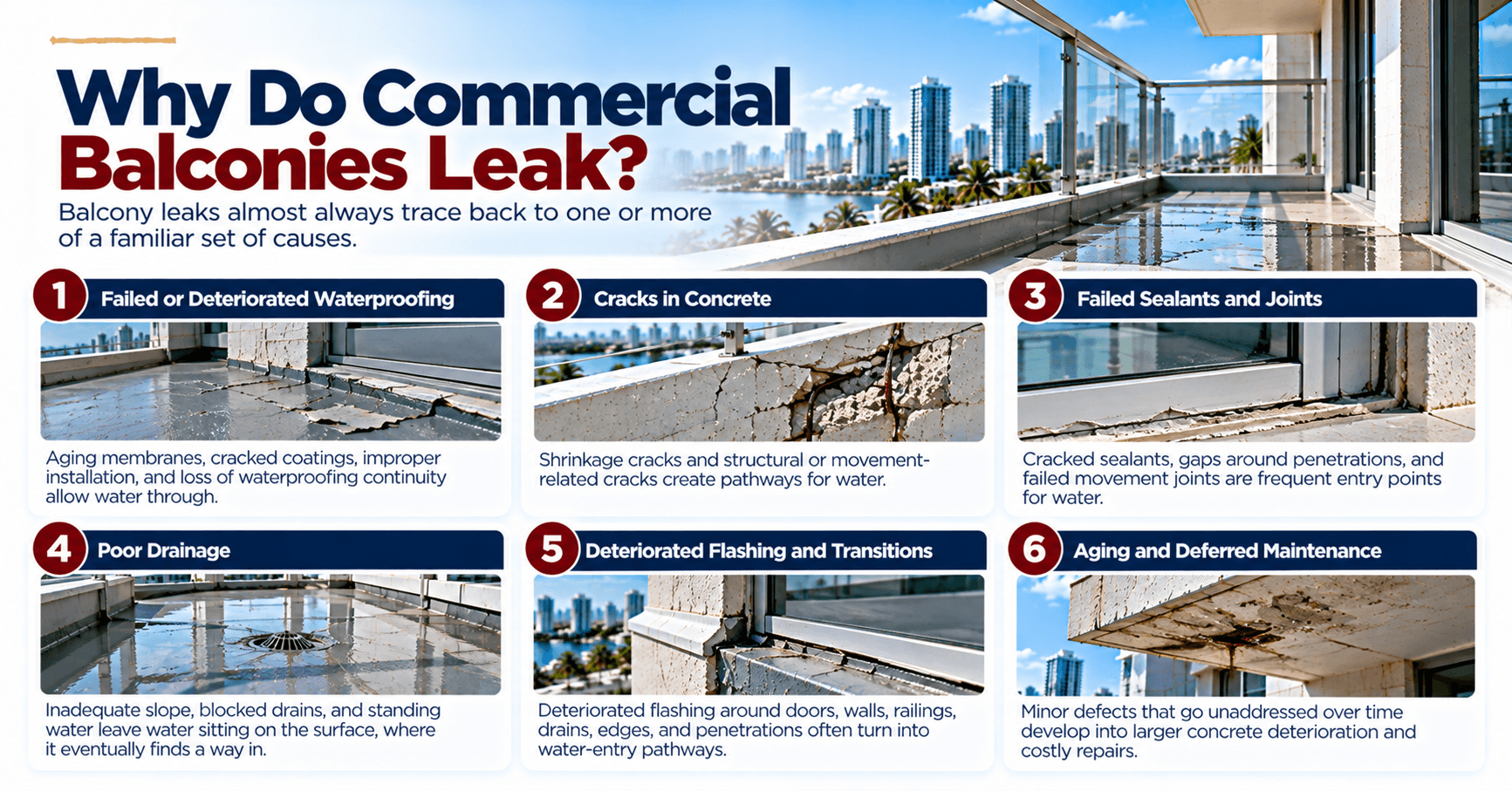 Common causes of commercial balcony leaks, including damaged waterproofing, concrete cracks, failed sealants, and poor drainage.