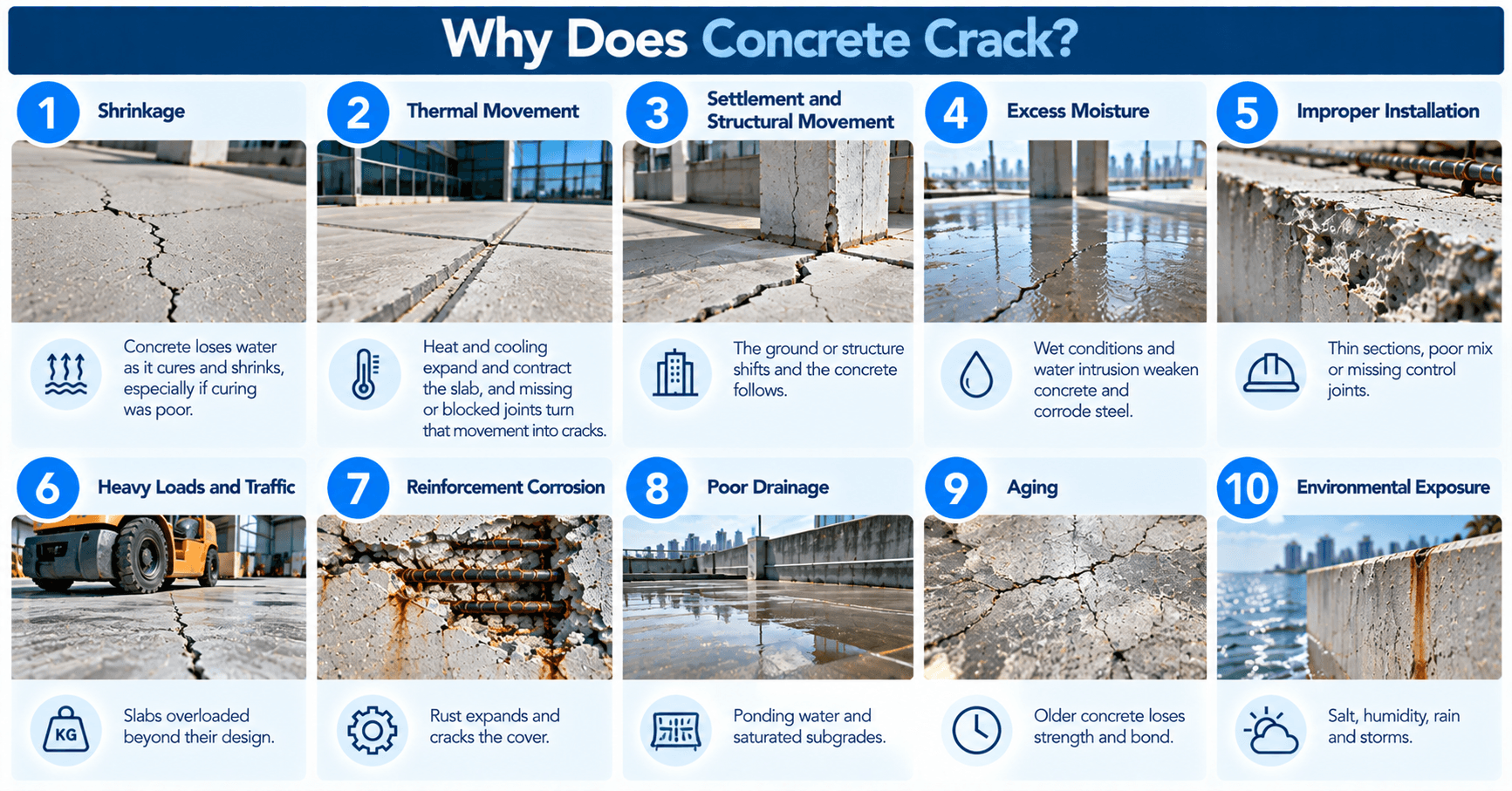 Common causes of cracks in commercial concrete, including shrinkage, thermal movement, settlement, moisture, corrosion, poor drainage, and heavy loads.