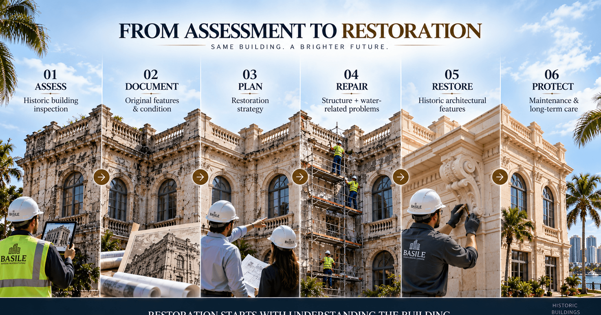 Historic building restoration process showing assessment, documentation, planning, repair, restoration, and long-term protection