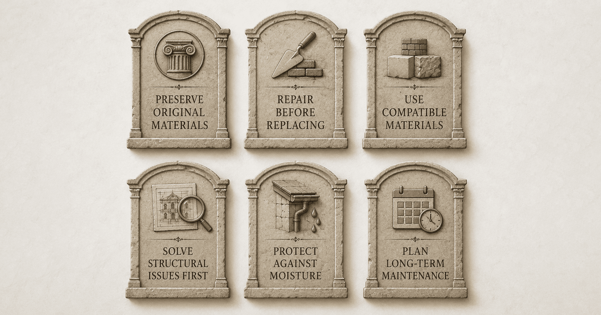 Heritage restoration principles illustrated with stone tablets for preserving original materials, repairing structural issues, using compatible materials, and maintaining historic buildings
