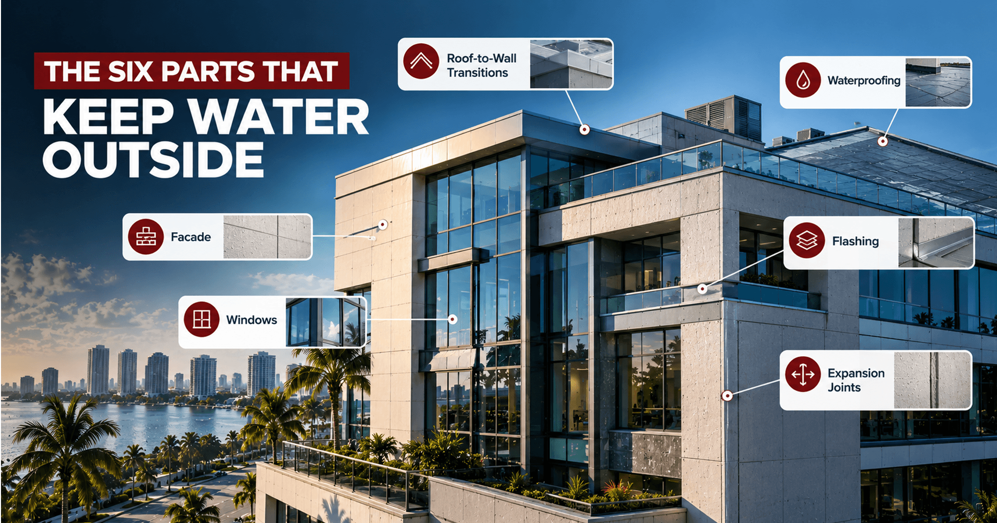 Commercial building envelope components for waterproofing, including facade, windows, flashing, expansion joints, and roof-to-wall transitions