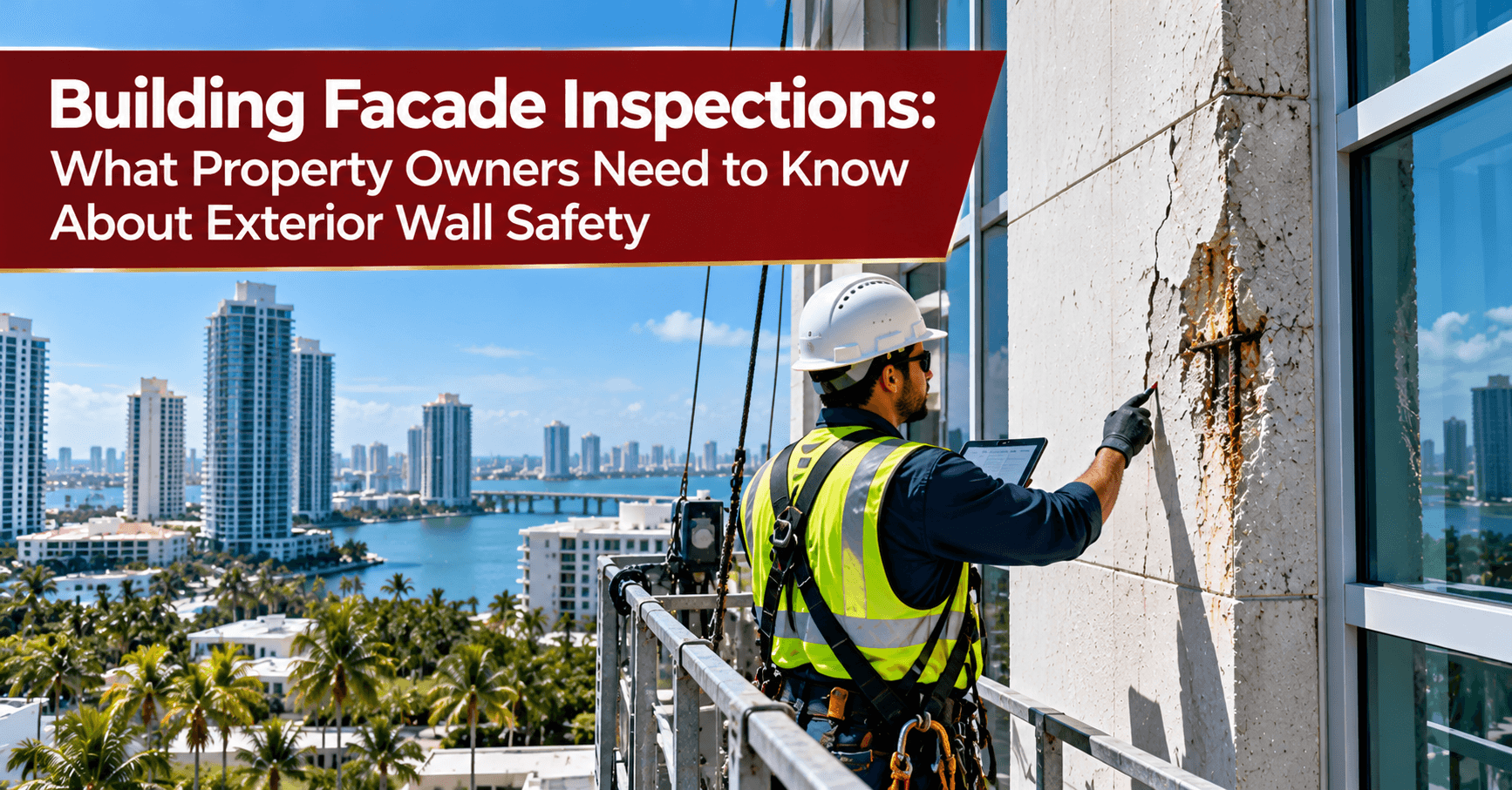 Building facade inspection specialist examining cracked concrete and exposed reinforcement on a high-rise exterior wall.