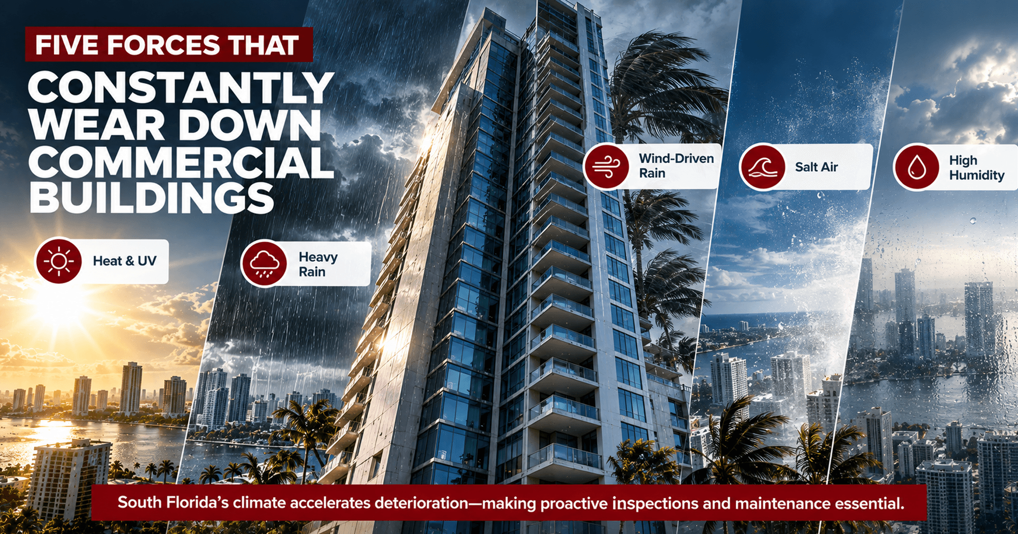 South Florida commercial buildings exposed to heat, UV, heavy rain, wind-driven rain, salt air, and high humidity