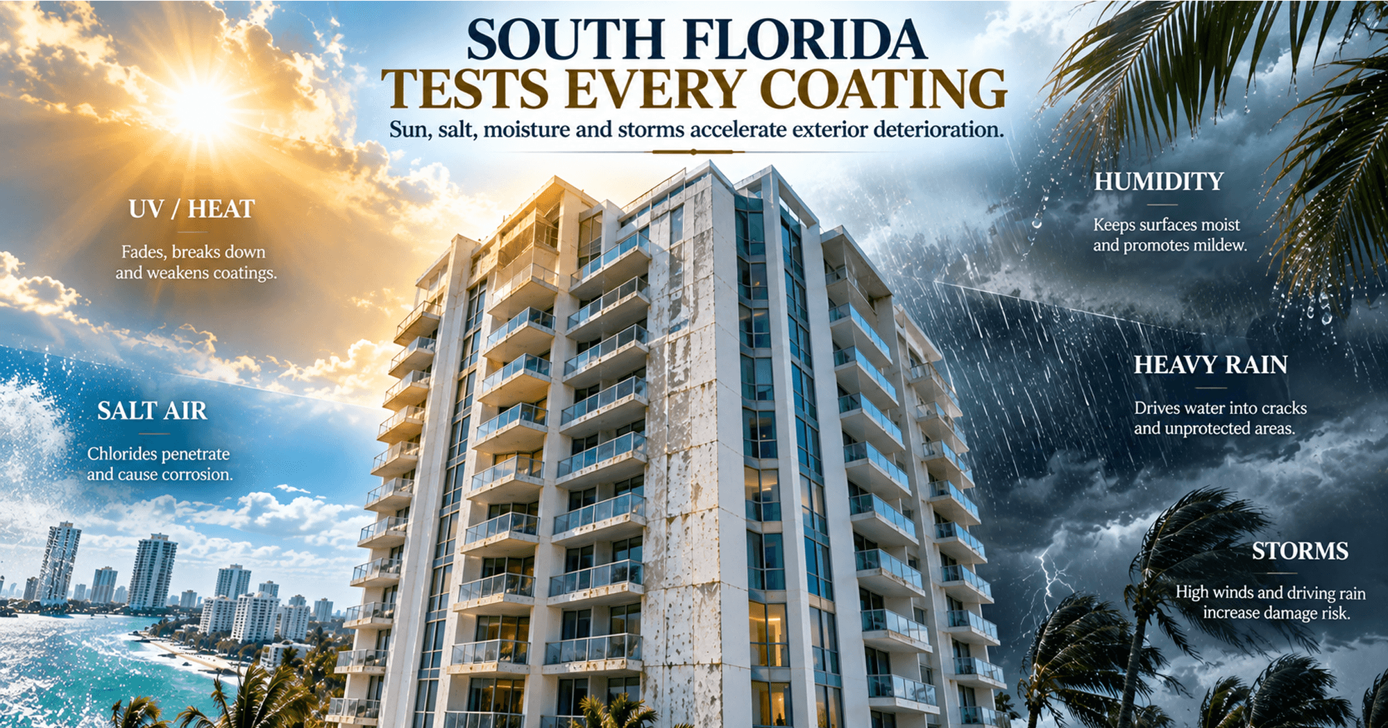 South Florida building coating damage caused by UV heat, salt air, humidity, heavy rain, and storms