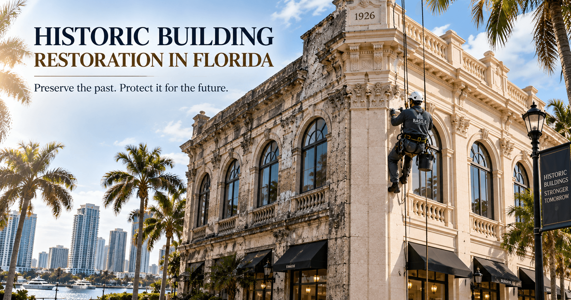 Historic building restoration in Florida with facade repair and rope access maintenance