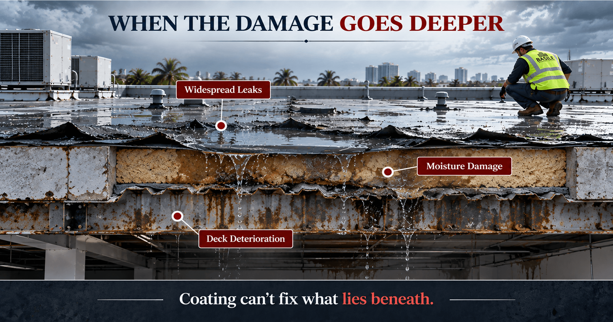 Commercial roof showing widespread leaks, moisture damage, and deteriorated roof decking beneath a damaged roofing membrane
